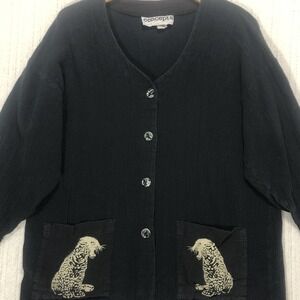Concepts Vintage Black Cotton Gauze‎ Leopard Pocket Cardigan Top 90s USA Medium